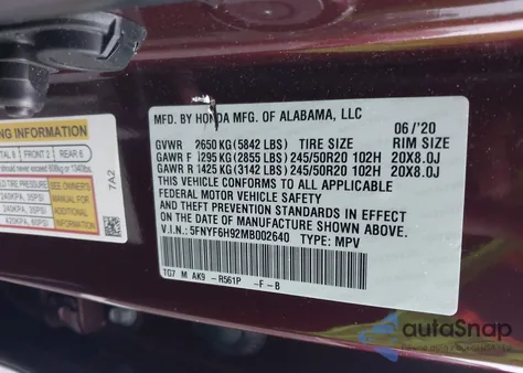 2021 Honda Pilot Awd Touring 8 Passenger z USA, uszkodzony, nr VIN 5FNYF6H92MB002640